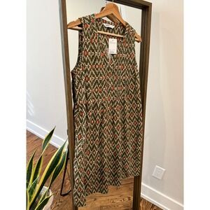 SONOMA Mini Dress Olive Green Ikat Print Sleeveless V Neck Pockets Size M Linen